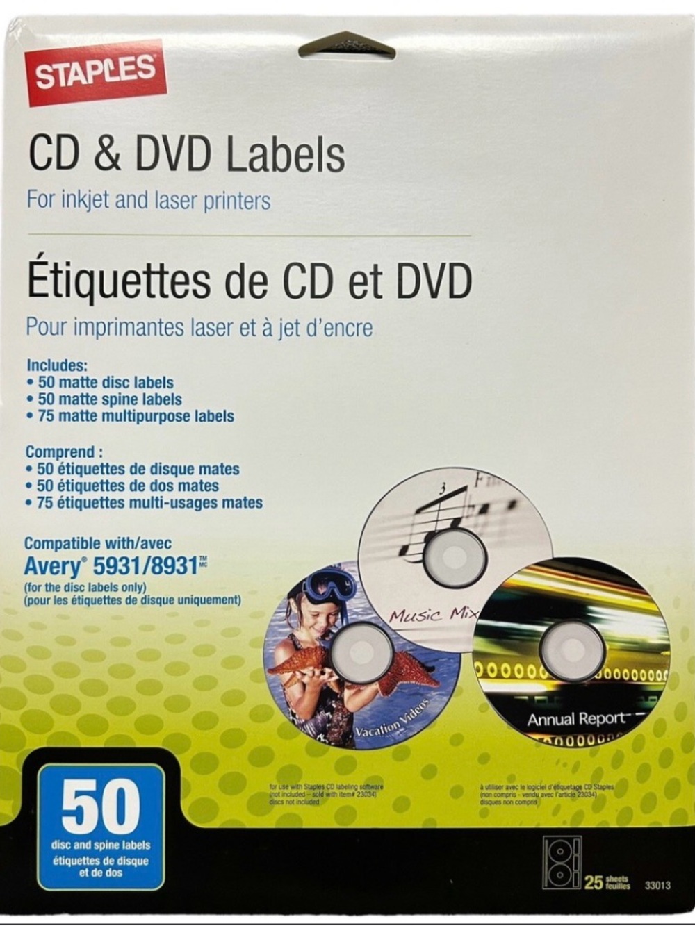 Staples CD & DVD Labels - White and Green Packaging